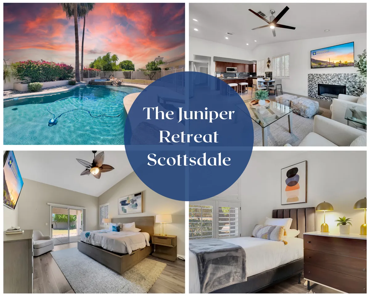 A wide-angle view that includes the dining area adjacent to the kitchen, with glimpses of a modern living room and, in the background, a swimming pool. The layout suggests effortless transitions from cooking and dining indoors to enjoying the outdoors.